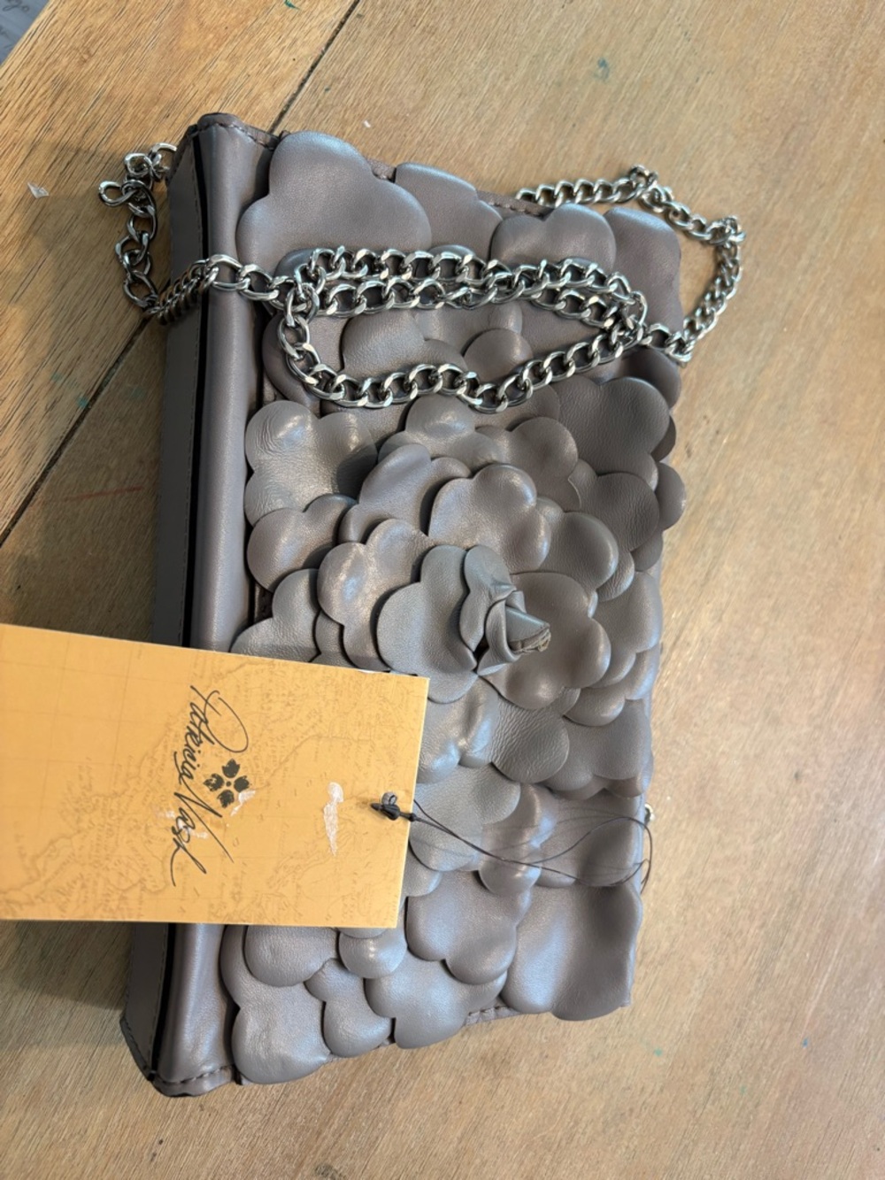 Patricia Nash Taupe Floral Appliqué Chain Crossbody Bag
